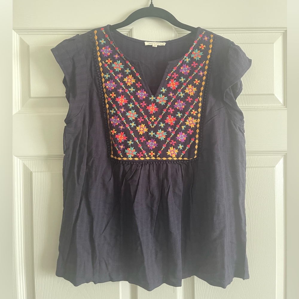 Tea n Rose Dark Blue Blouse with Colorful Embroidery